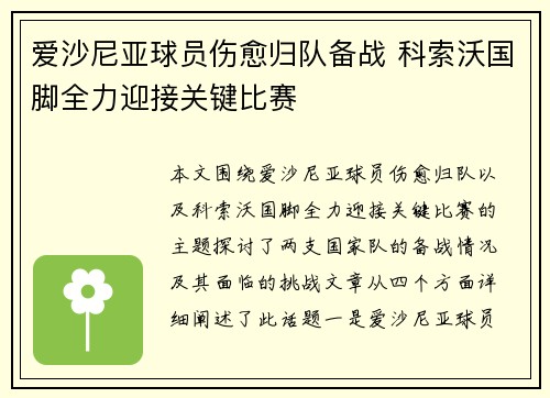 爱沙尼亚球员伤愈归队备战 科索沃国脚全力迎接关键比赛