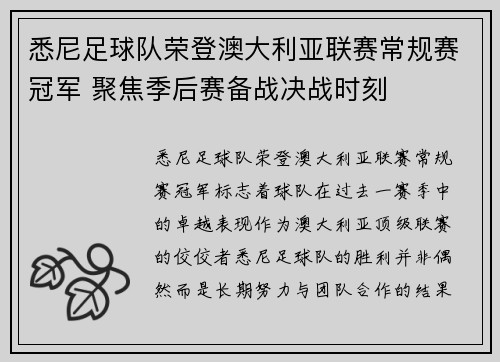 悉尼足球队荣登澳大利亚联赛常规赛冠军 聚焦季后赛备战决战时刻