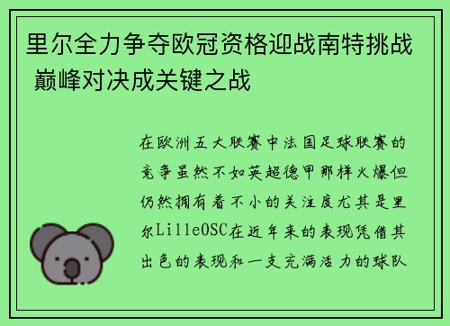 里尔全力争夺欧冠资格迎战南特挑战 巅峰对决成关键之战