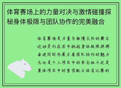体育赛场上的力量对决与激情碰撞探秘身体极限与团队协作的完美融合