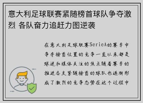 意大利足球联赛紧随榜首球队争夺激烈 各队奋力追赶力图逆袭