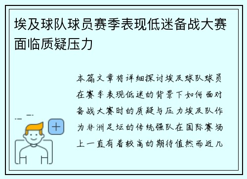 埃及球队球员赛季表现低迷备战大赛面临质疑压力